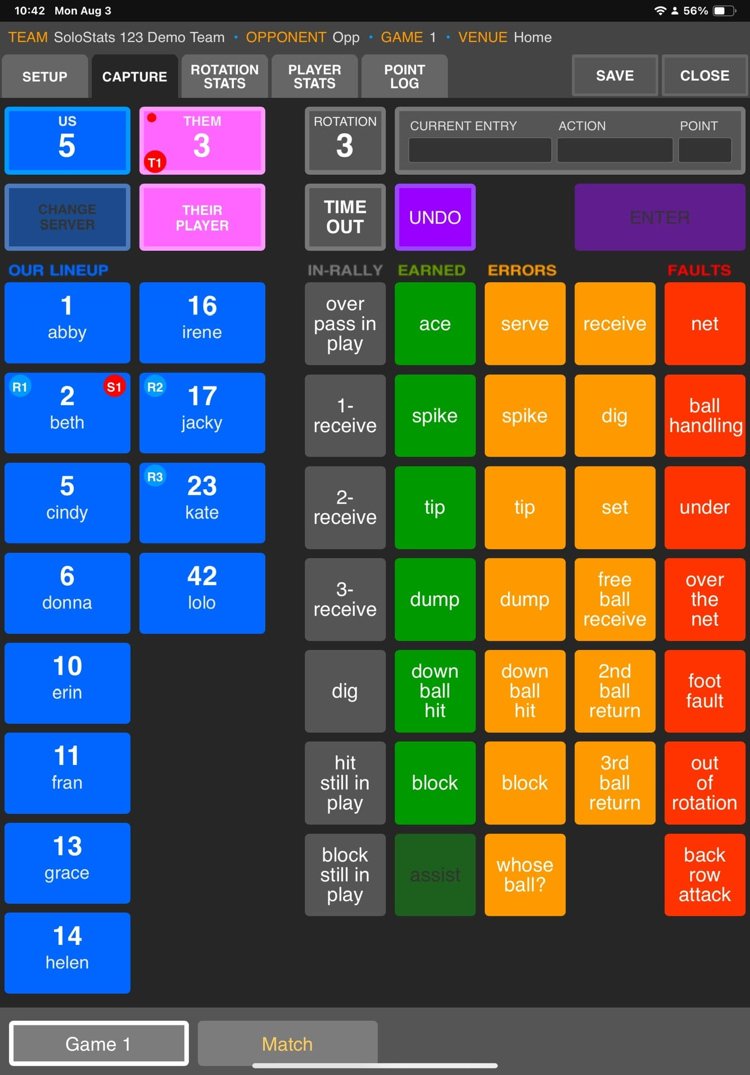 SoloStats123 capture screen on iPad, idle, opponent serving